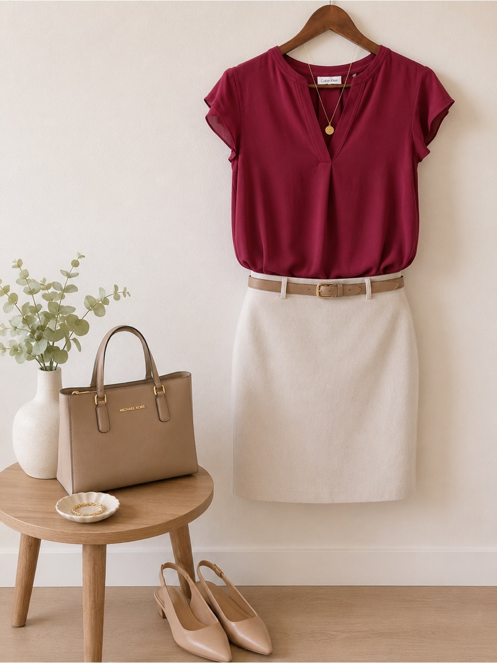 Calvin Klein Flutter Sleeve Blouse | Burgundy | Medium